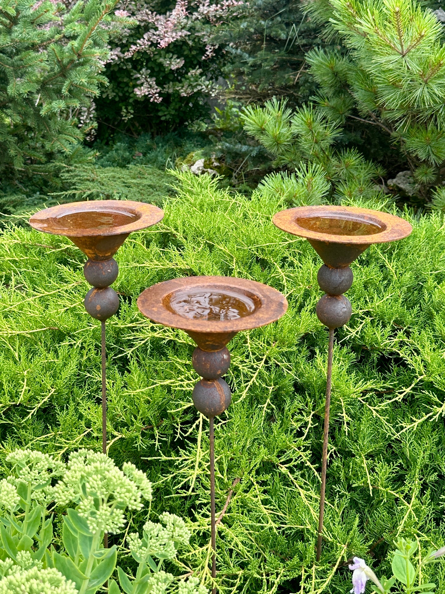 Set of 3 Rusty Metal Flowers, Garden Decorations, Handmade Outdoor Decor for Backyards, Rustic Landscaping, Garden Art, Bee Butterfly Cups
