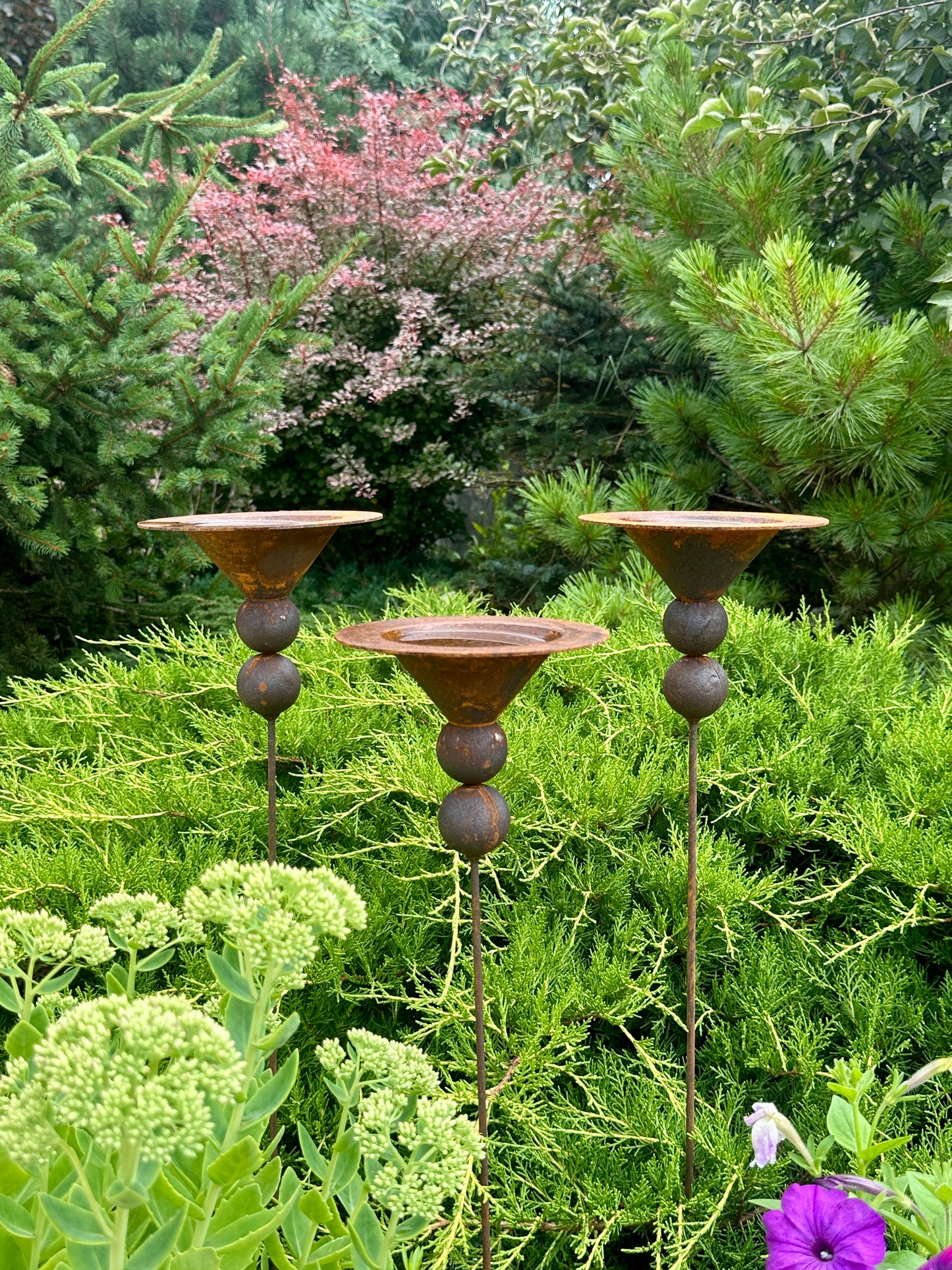 Set of 3 Rusty Metal Flowers, Garden Decorations, Handmade Outdoor Decor for Backyards, Rustic Landscaping, Garden Art, Bee Butterfly Cups