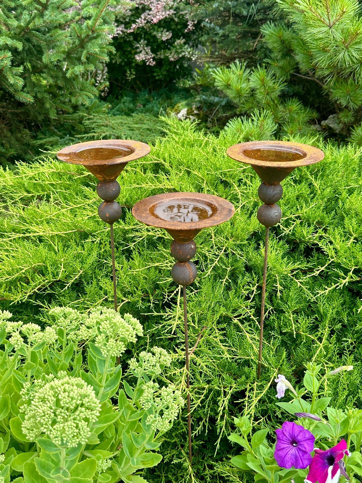 Set of 3 Rusty Metal Flowers, Garden Decorations, Handmade Outdoor Decor for Backyards, Rustic Landscaping, Garden Art, Bee Butterfly Cups