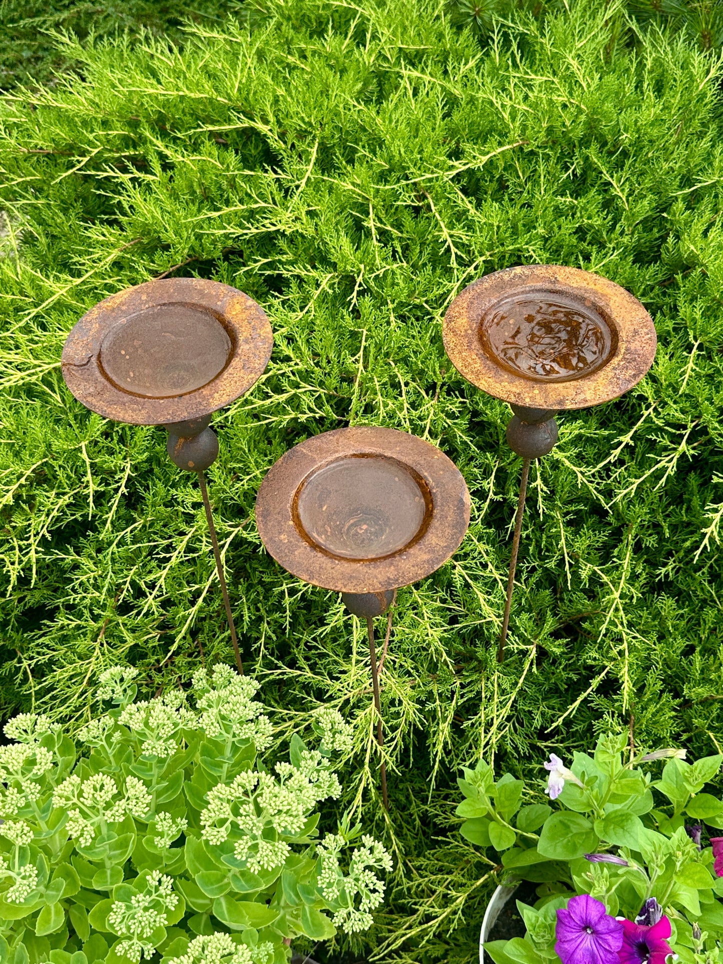 Set of 3 Rusty Metal Flowers, Garden Decorations, Handmade Outdoor Decor for Backyards, Rustic Landscaping, Garden Art, Bee Butterfly Cups