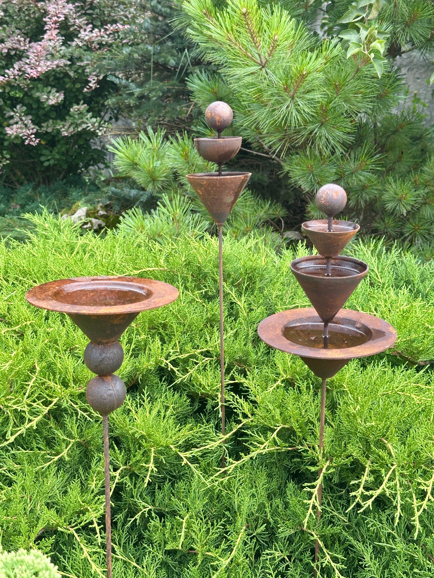 Set of 3 Rusty Metal Flowers, Handmade Outdoor Decor for Backyards, Rustic Landscaping, Garden Art, Bee Butterfly Cups