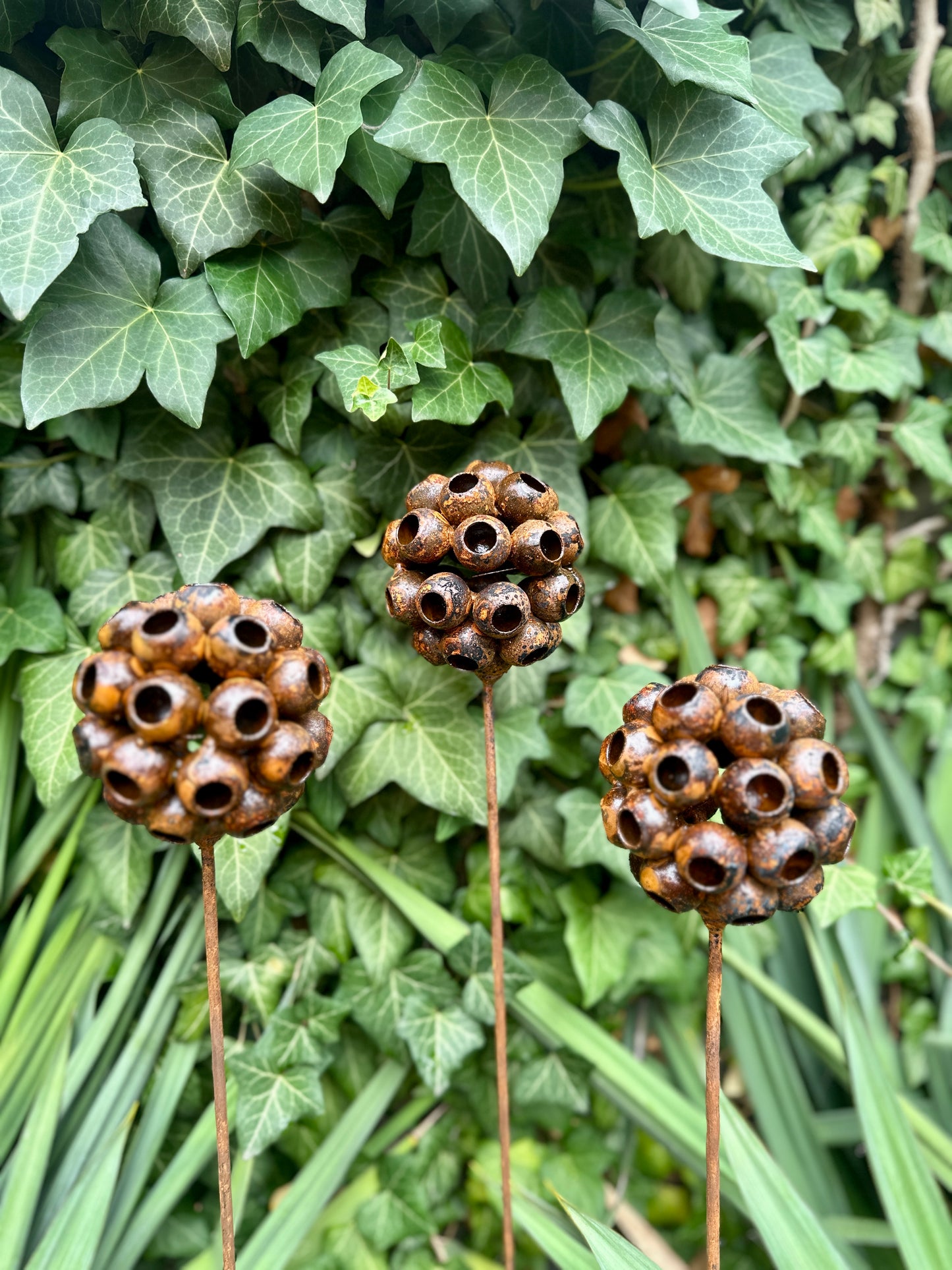 Set of 3 Rustic Metal Exotic Flowers, Garden Decorations, Rustic Landscaping, Garden Art, Bee and Butterflies Cups