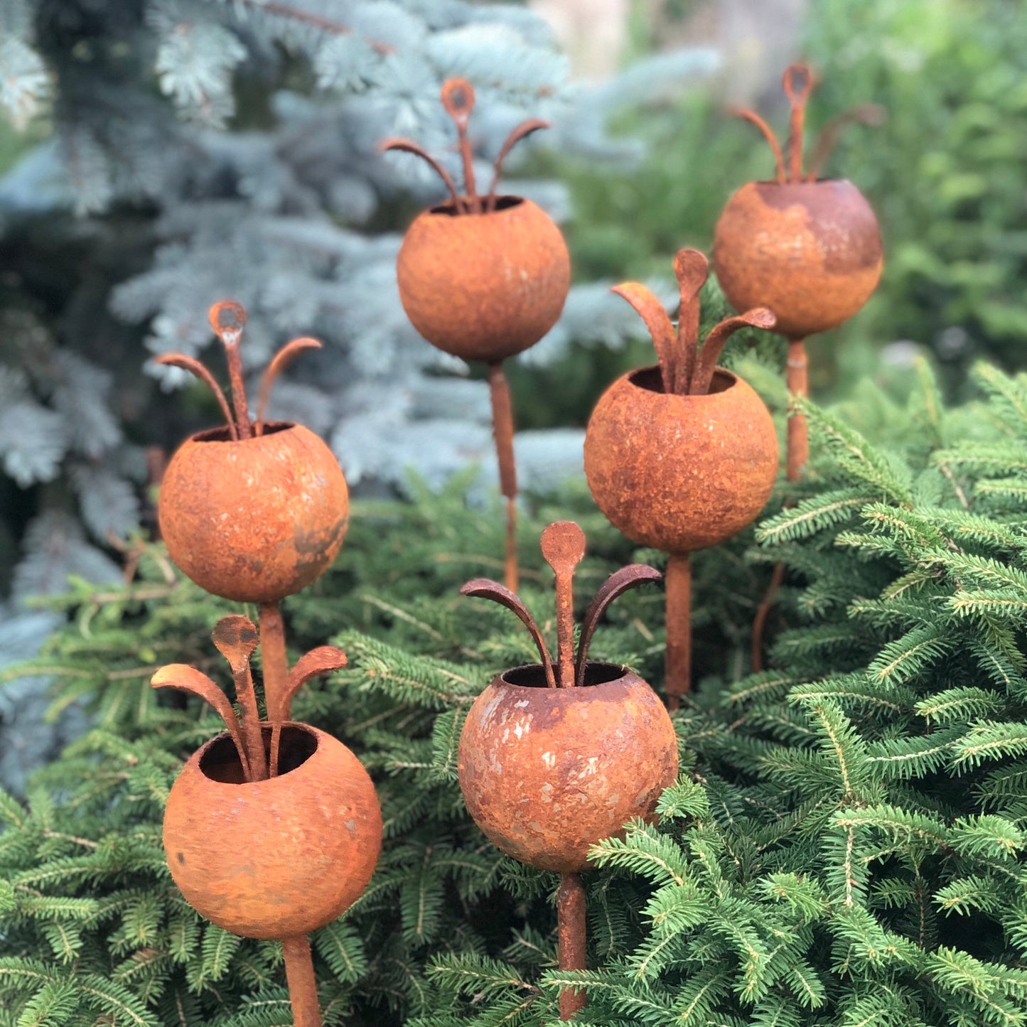 Rusty flowers set of 6, Metal garden decor, 6 Rusty flowers garden stakes, metal yard art, outdoor metal decor, Rusty metal garden decor
