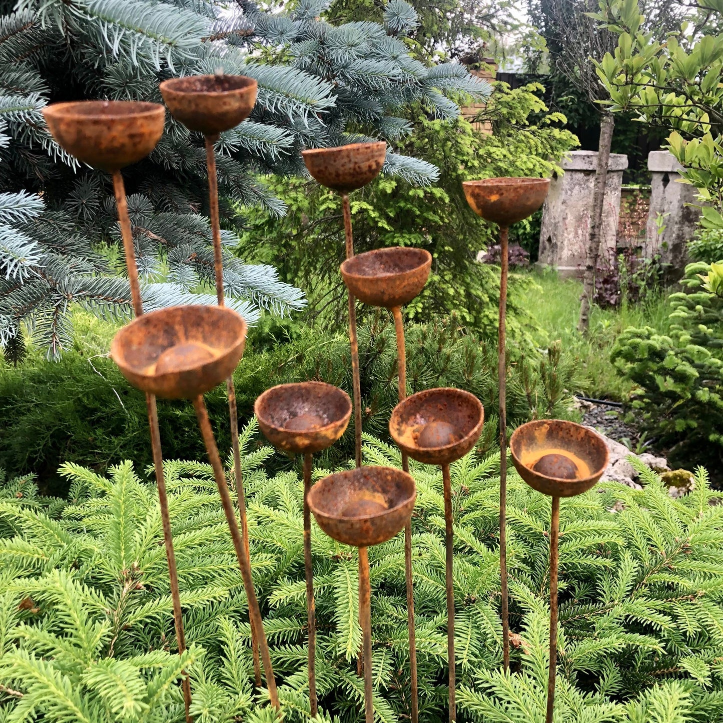 Rusty flowers set of 10, Flowers garden decor, Metal garden decor, metal yard art, outdoor metal decor, Rusty metal rain catchers