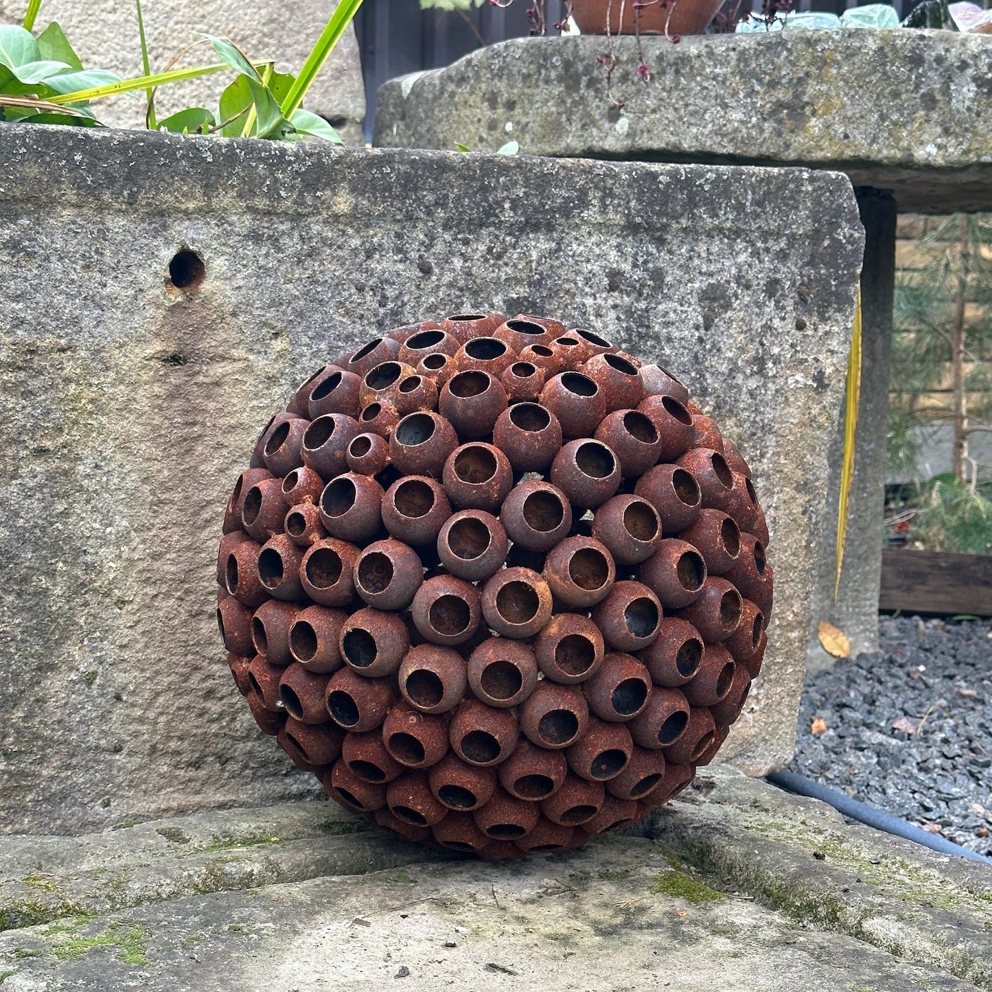 Art Rusty Metal Sphere Outdoor Garden Decor - Add a Touch of Zen Art, Big 14” Rusty metal ball sculpture