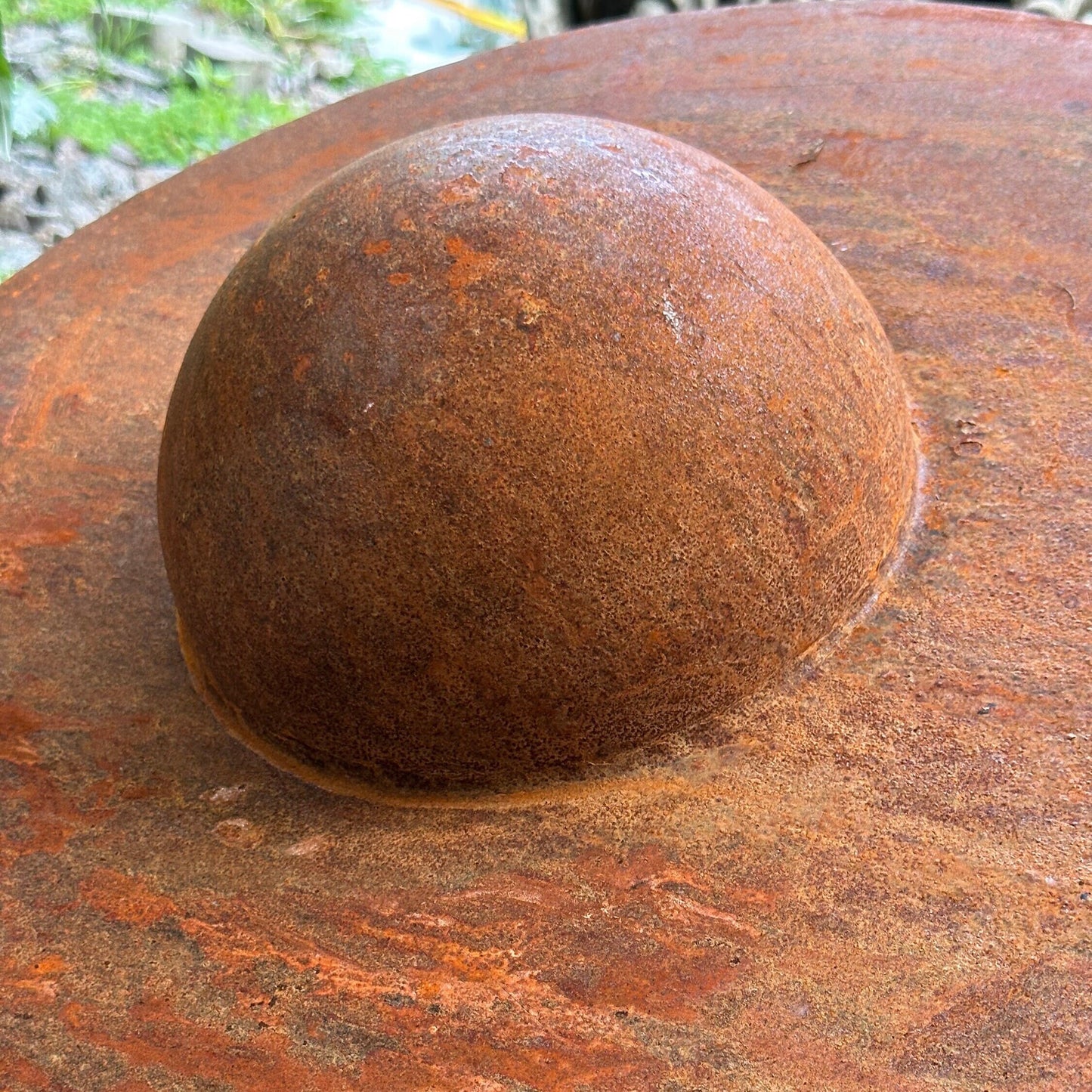 Contemporary Minimalist Half-Sphere Sculpture – Architectural Rusted Metal Garden Accent