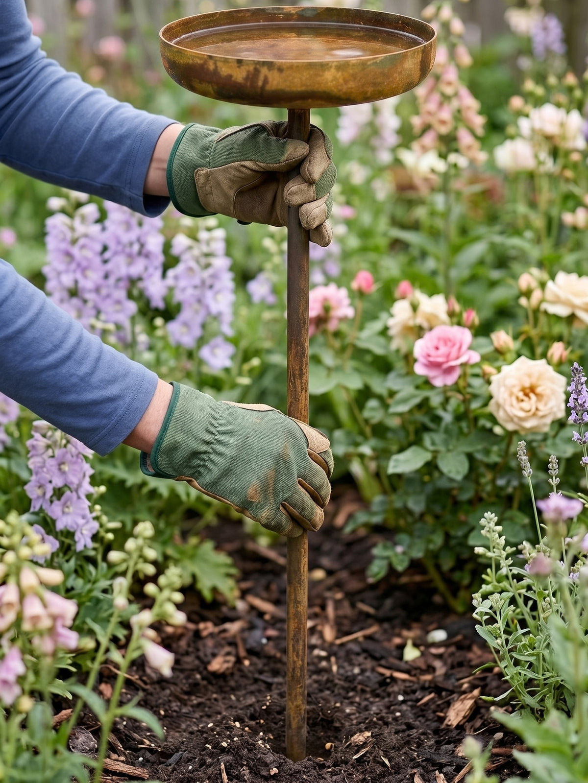 Recogedor de lluvia, estacas de metal oxidado de 8" para jardín de flores, decoración de jardín para bebedero de pájaros