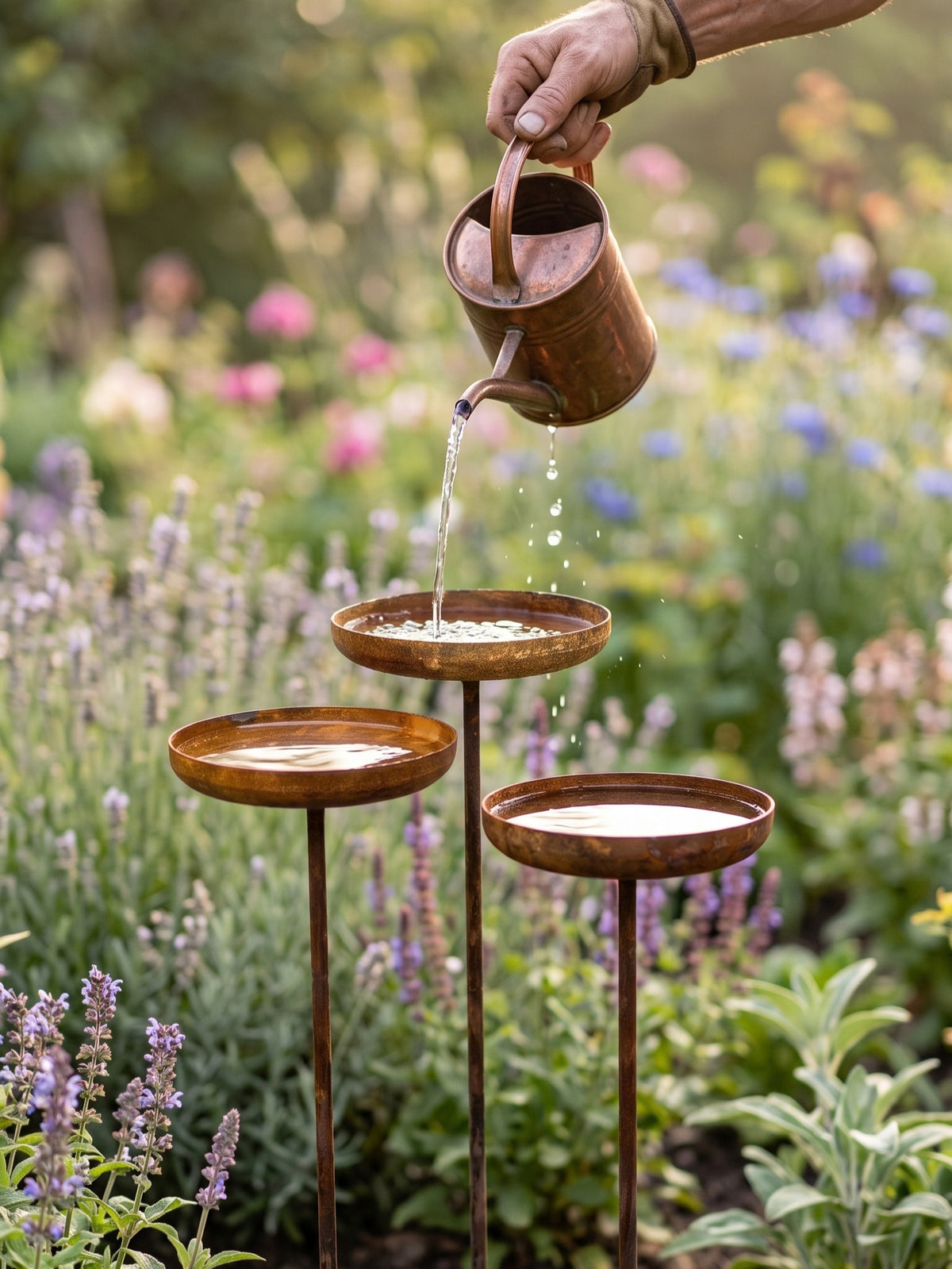 Estacas de jardín de metal oxidado, tres pluviómetros de metal de 6", decoración de jardín para bebederos de pájaros