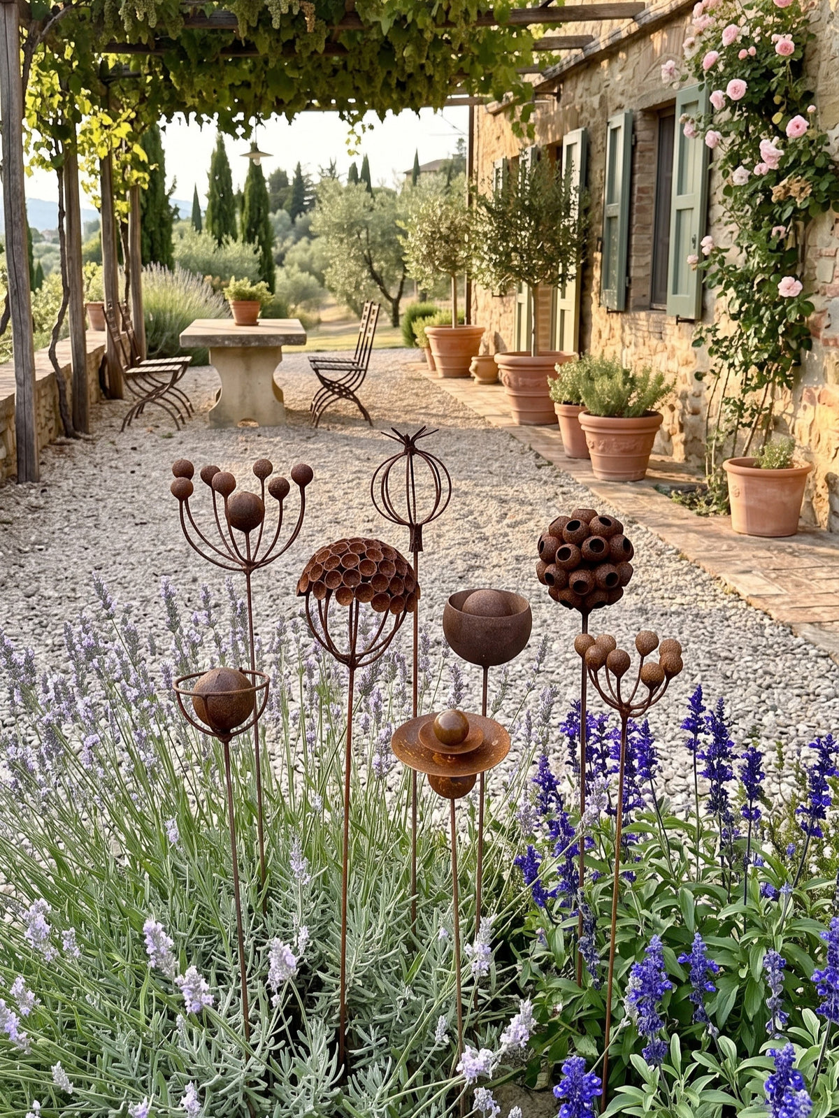Juego de 8 esculturas de flores rústicas de metal – Estacas de jardín hechas a mano, aptas para abejas y mariposas, decoración de jardín