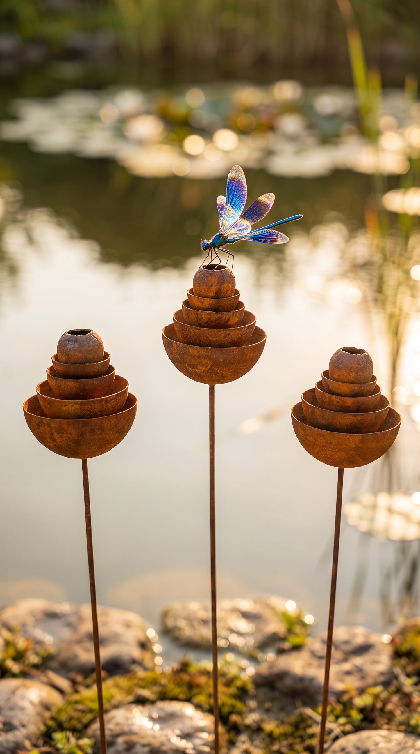 Recolectores de lluvia de metal, vasos para abejas para decoración de jardín al aire libre, decoración de jardín de abejas, comedero de mariposas, estación de agua, estacas de flores oxidadas para jardín