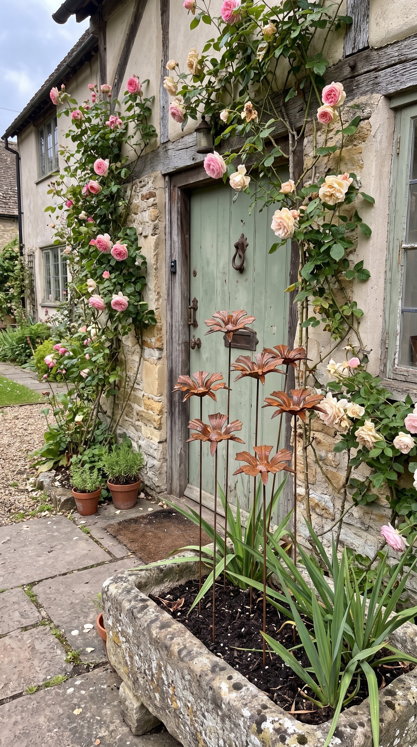 Handcrafted Rusty Metal Floral Stakes – Weathered Yard Art & Farmhouse Garden Decor