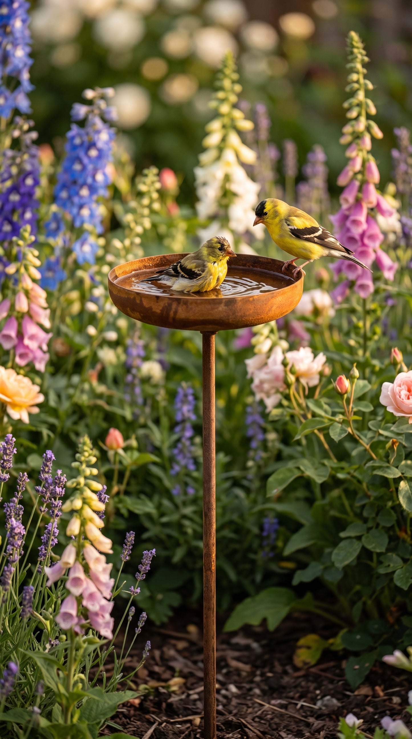 Recogedor de lluvia, estacas de metal oxidado de 8" para jardín de flores, decoración de jardín para bebedero de pájaros
