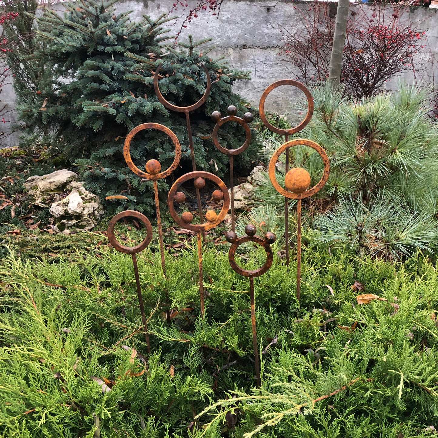 Set of 8 Rusty Metal Garden Stakes & Finials Unique Outdoor Decor for Your Garden