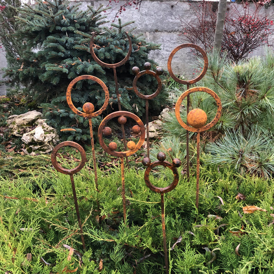 Set of 8 Rusty Metal Garden Stakes & Finials Unique Outdoor Decor for Your Garden