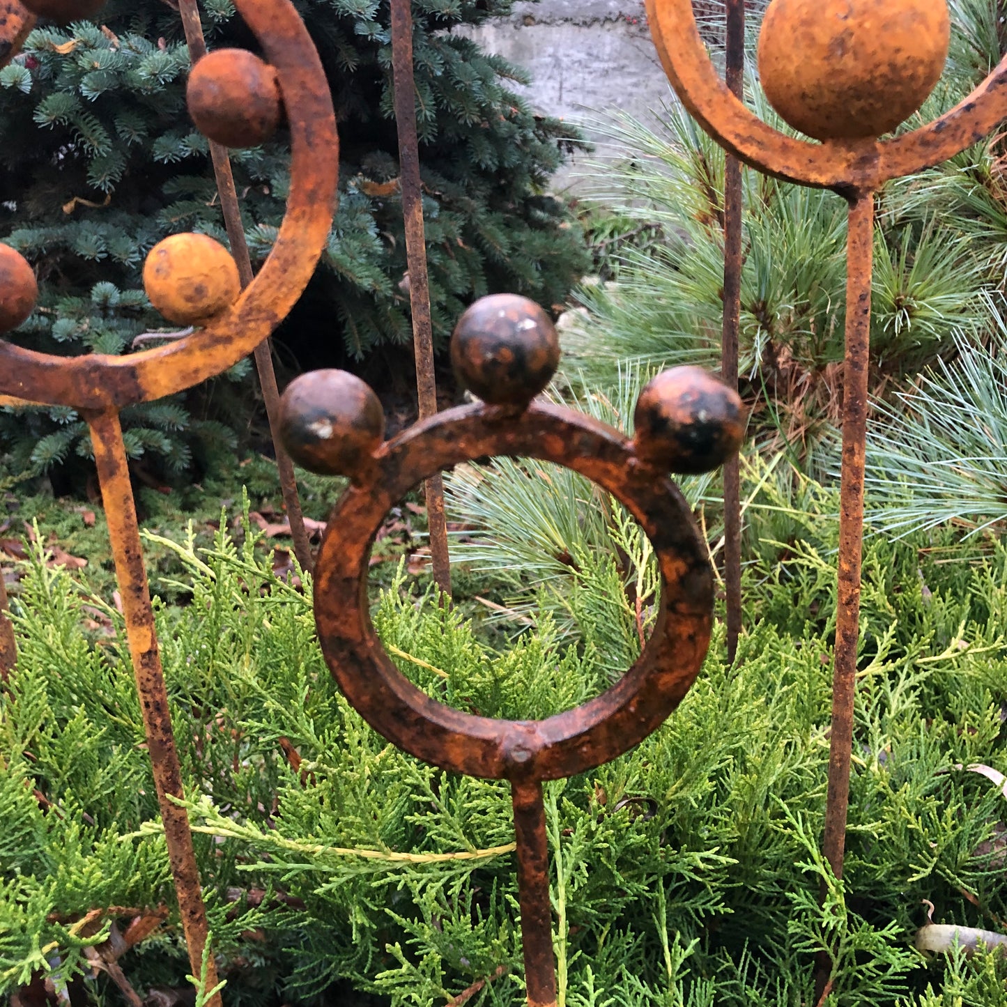 Set of 8 Rusty Metal Garden Stakes & Finials Unique Outdoor Decor for Your Garden