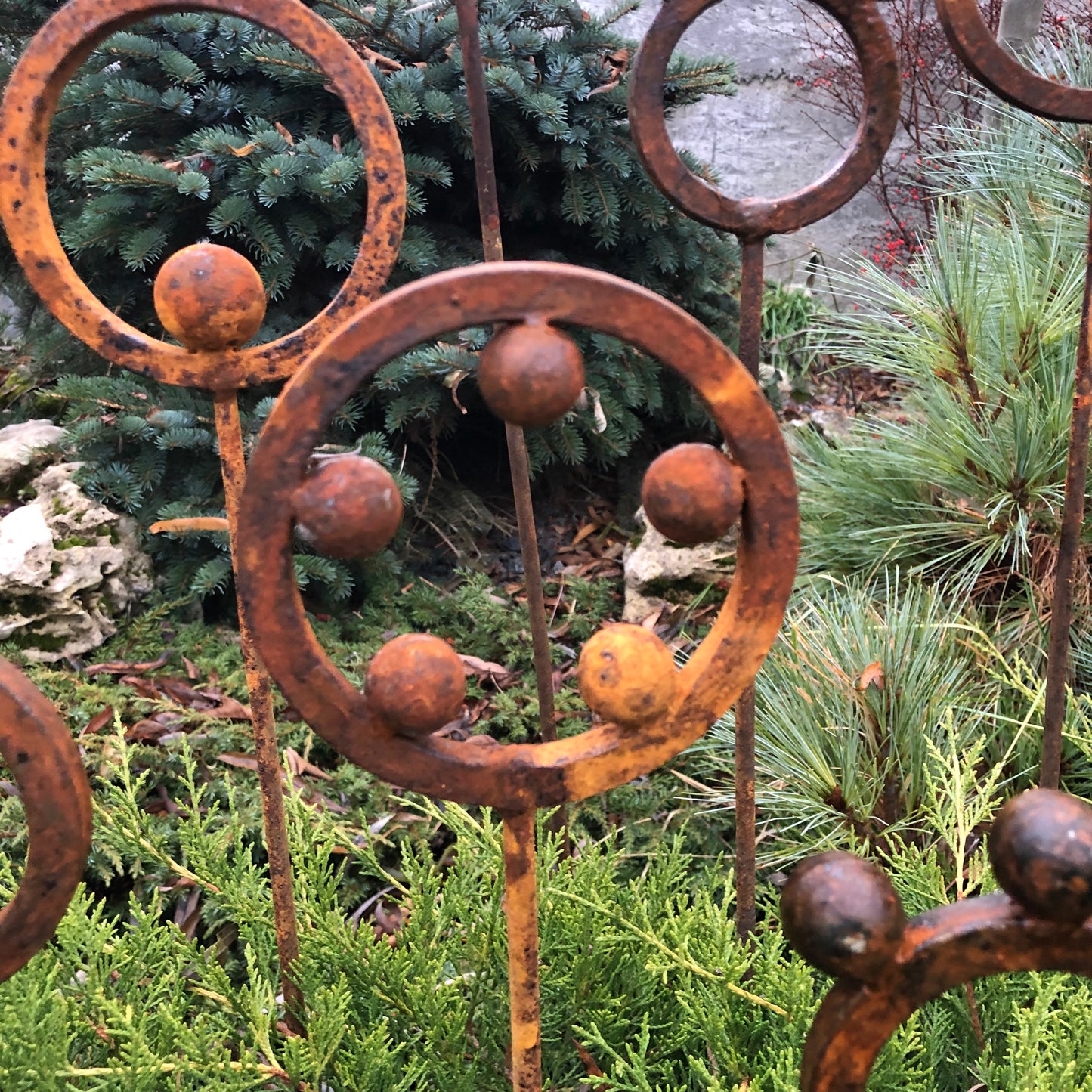 Set of 8 Rusty Metal Garden Stakes & Finials Unique Outdoor Decor for Your Garden