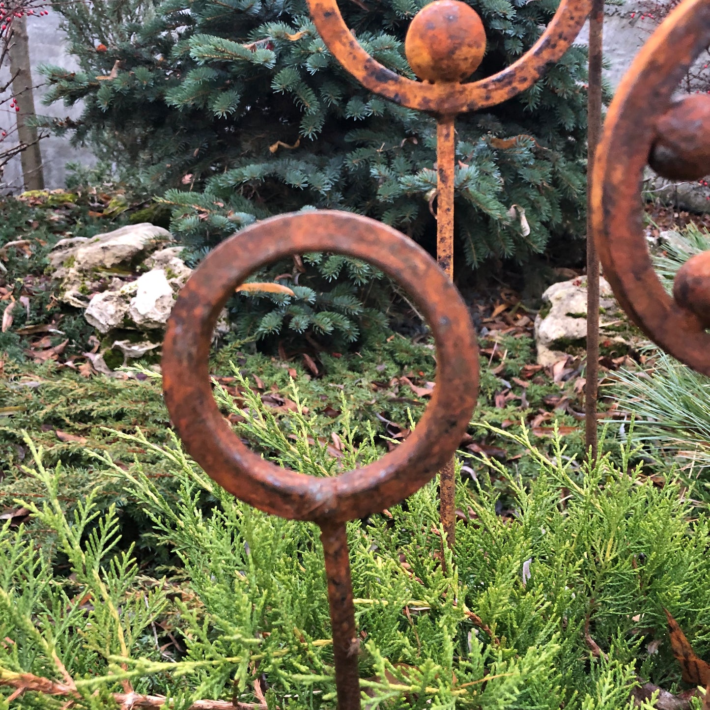 Set of 8 Rusty Metal Garden Stakes & Finials Unique Outdoor Decor for Your Garden