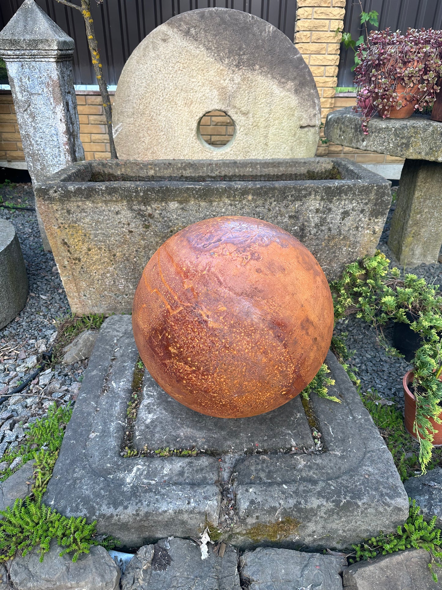 Big 20ʼʼ Rusty Metal Sphere Outdoor Garden Decor - Zen Garden Globe Sculpture