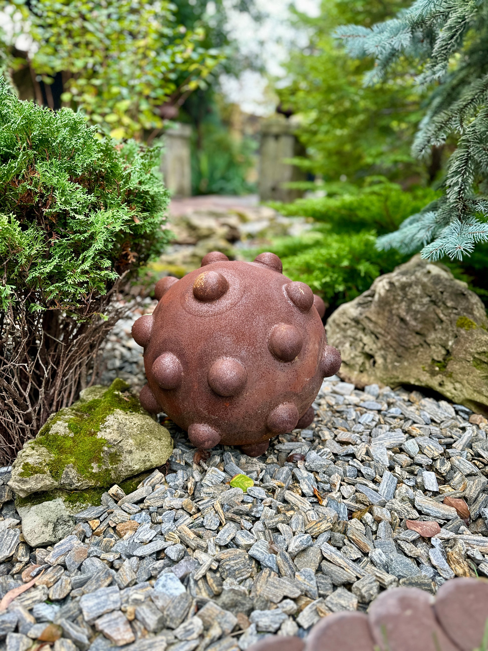 16” Rusty Metal Sphere Sculpture for Garden Decor Modern Weathered Steel Ball for Patio Lawn and Outdoor Art Display