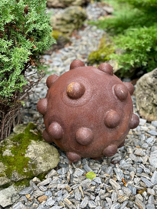 16” Rusty Metal Sphere Sculpture for Garden Decor Modern Weathered Steel Ball for Patio Lawn and Outdoor Art Display