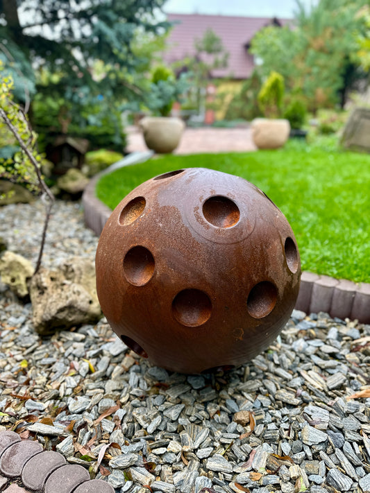 20'' Rusty Metal Sphere Sculpture – Modern art for your garden, patio or home. Perfect as a centerpiece, landscape decor, or artistic accent