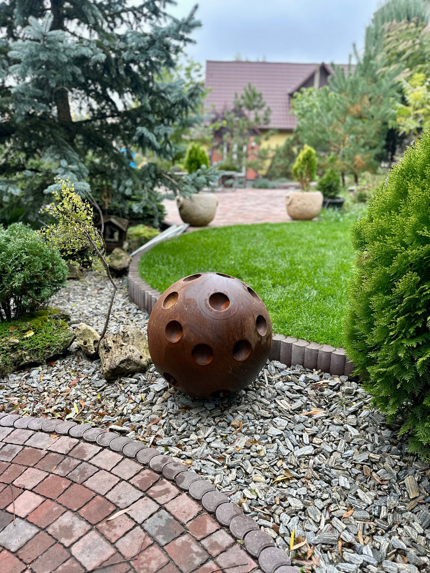 20'' Rusty Metal Sphere Sculpture – Modern art for your garden, patio or home. Perfect as a centerpiece, landscape decor, or artistic accent