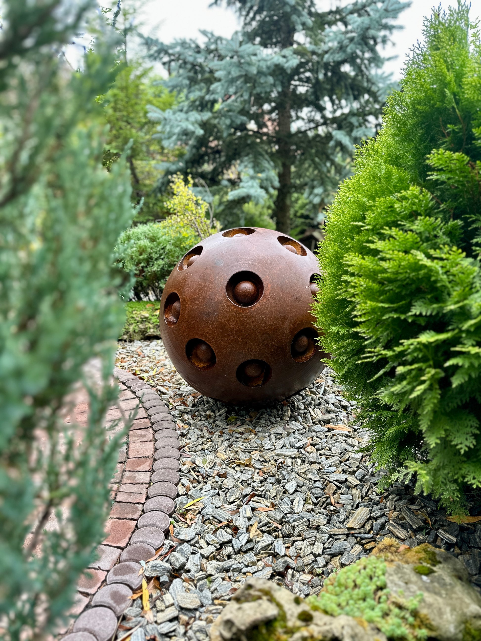 27'' Rusty Metal Sphere Sculpture Modern Art for Garden Patio or Home Perfect Centerpiece Landscape Decor and Artistic Accent