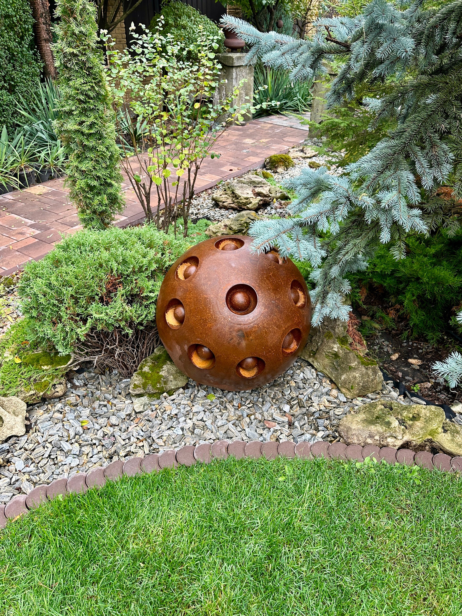 27'' Rusty Metal Sphere Sculpture Modern Art for Garden Patio or Home Perfect Centerpiece Landscape Decor and Artistic Accent