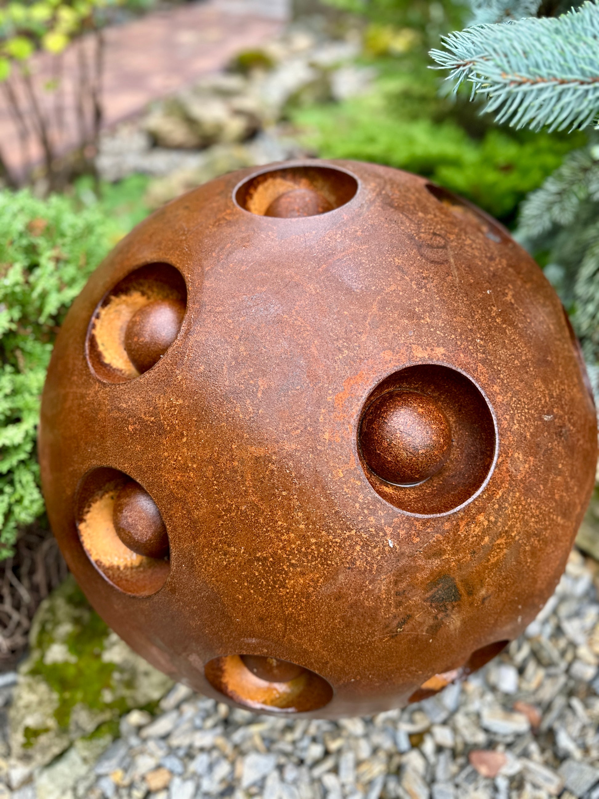 27'' Rusty Metal Sphere Sculpture Modern Art for Garden Patio or Home Perfect Centerpiece Landscape Decor and Artistic Accent