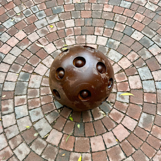 14” Rusty Metal Sphere Sculpture Modern Garden Decor Weathered Steel Ball Artistic Outdoor Ornament for Lawn Patio or Landscape Accent