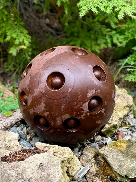 14” Rusty Metal Sphere Sculpture Modern Garden Decor Weathered Steel Ball Artistic Outdoor Ornament for Lawn Patio or Landscape Accent