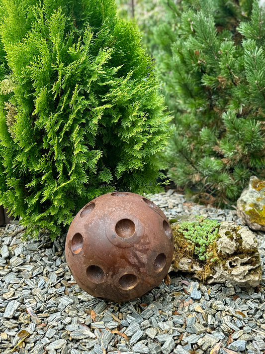 14” Rusty Metal Sphere Sculpture Modern Garden Decor Weathered Steel Ball Artistic Outdoor Ornament for Lawn Patio or Landscape Accent