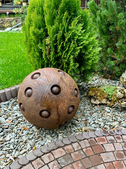 20'' Rusty Metal Sphere Sculpture Modern Art for Garden Patio or Home Perfect Centerpiece Landscape Decor and Artistic Accent