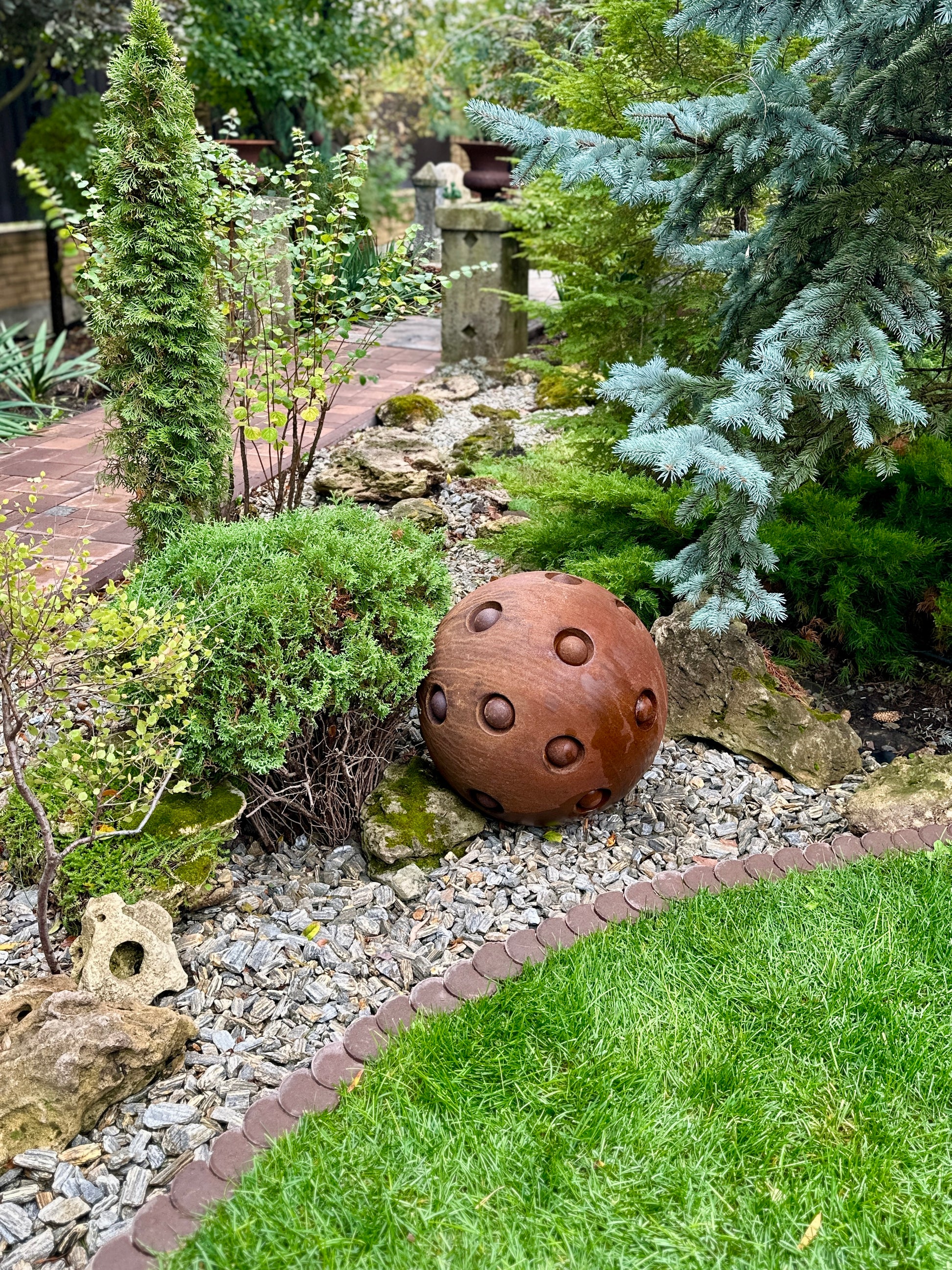 20'' Rusty Metal Sphere Sculpture Modern Art for Garden Patio or Home Perfect Centerpiece Landscape Decor and Artistic Accent