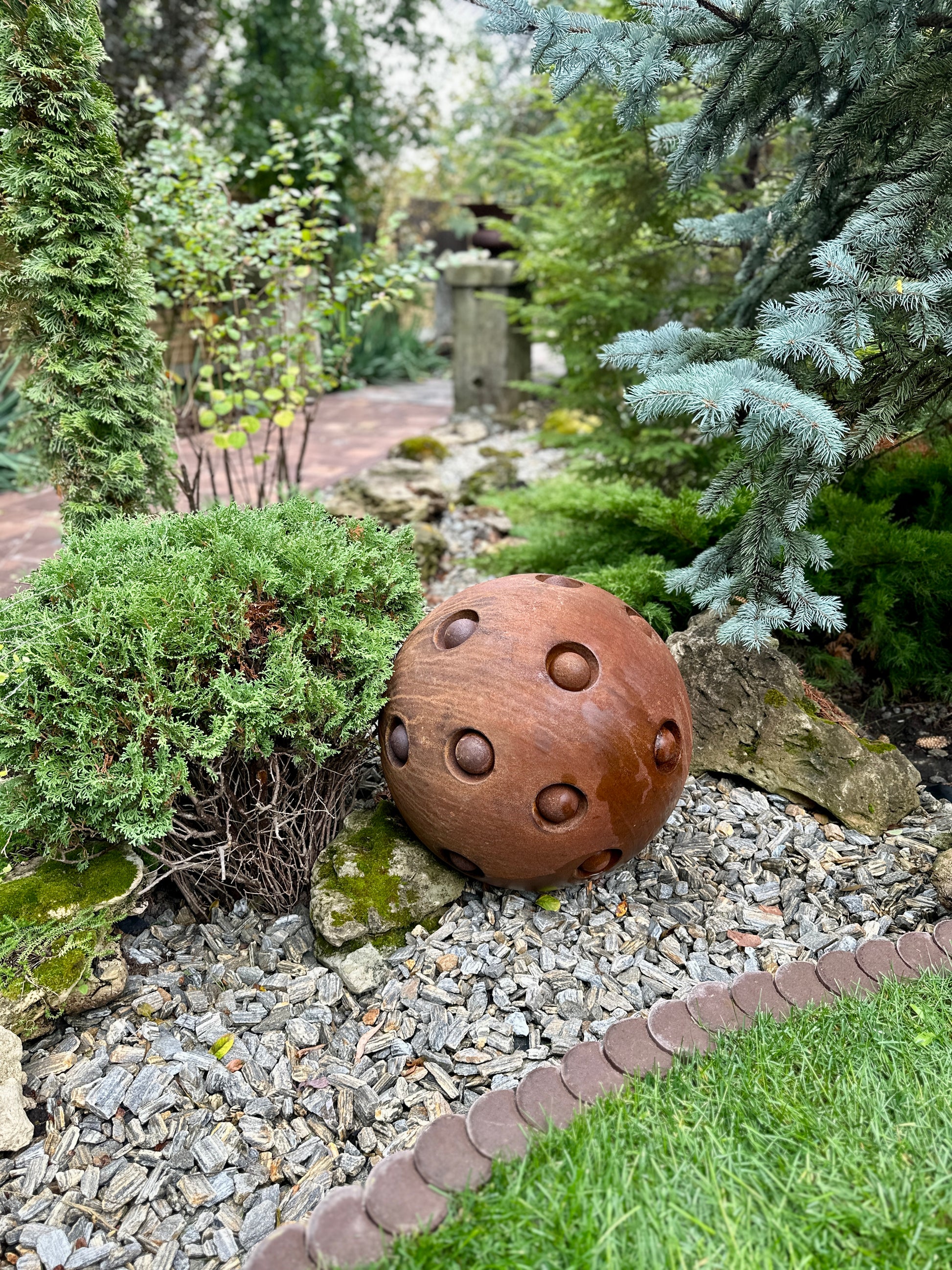 20'' Rusty Metal Sphere Sculpture Modern Art for Garden Patio or Home Perfect Centerpiece Landscape Decor and Artistic Accent