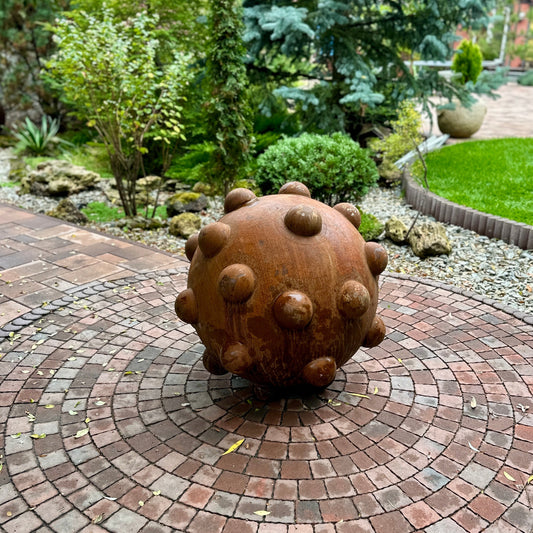 31” Rusty Metal Sphere Sculpture Large Modern Garden Decor | Weathered Steel Ball | Rustic Outdoor Yard Art | Handmade Metal Garden Ornament