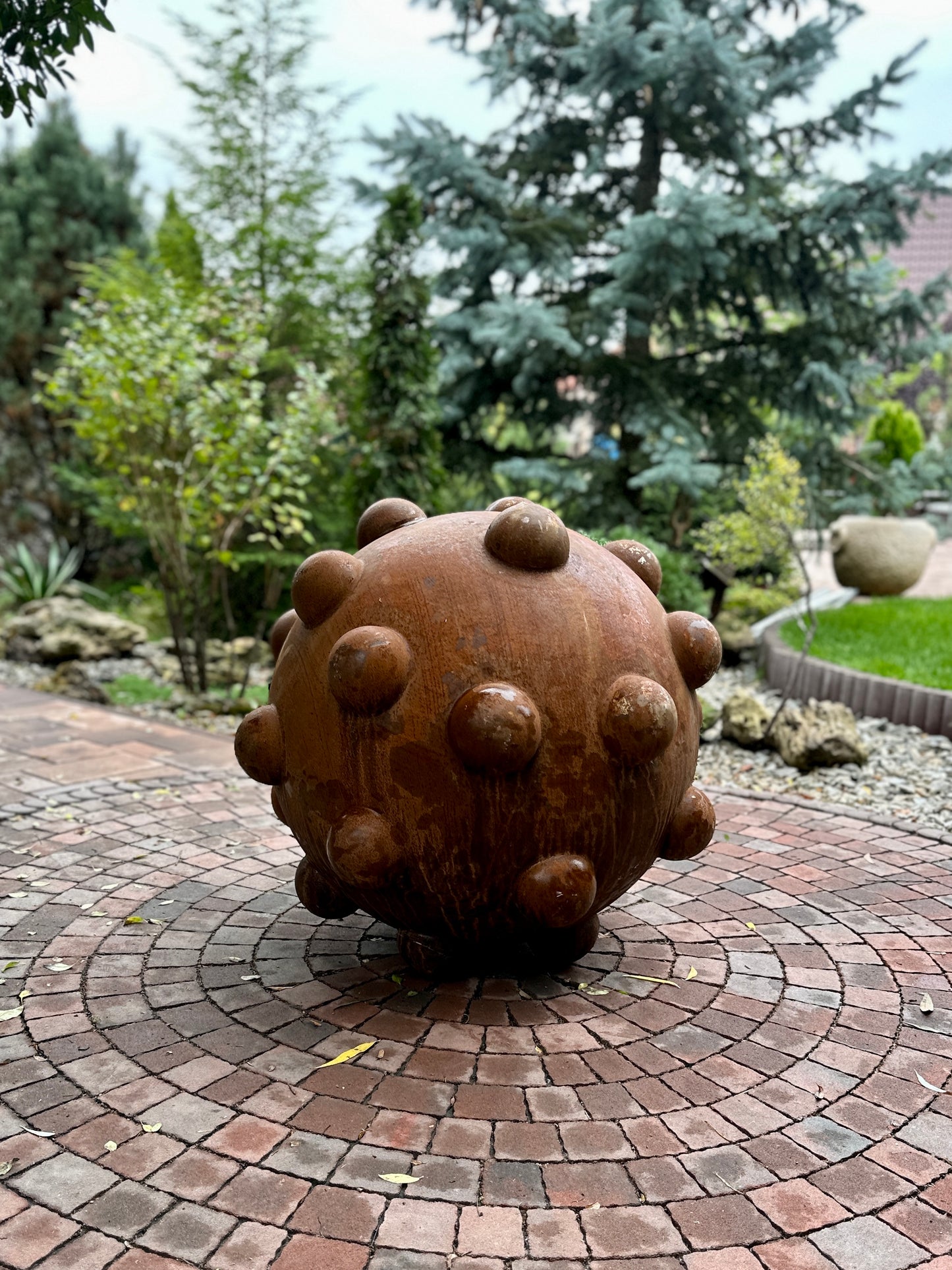 31” Rusty Metal Sphere Sculpture Large Modern Garden Decor | Weathered Steel Ball | Rustic Outdoor Yard Art | Handmade Metal Garden Ornament