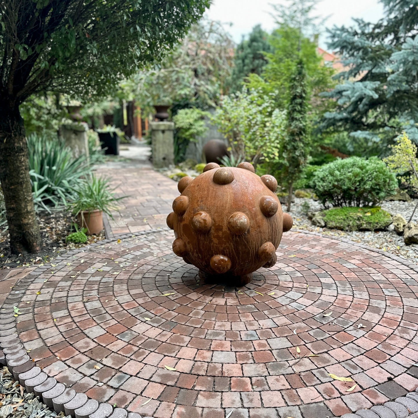 31” Rusty Metal Sphere Sculpture Large Modern Garden Decor | Weathered Steel Ball | Rustic Outdoor Yard Art | Handmade Metal Garden Ornament