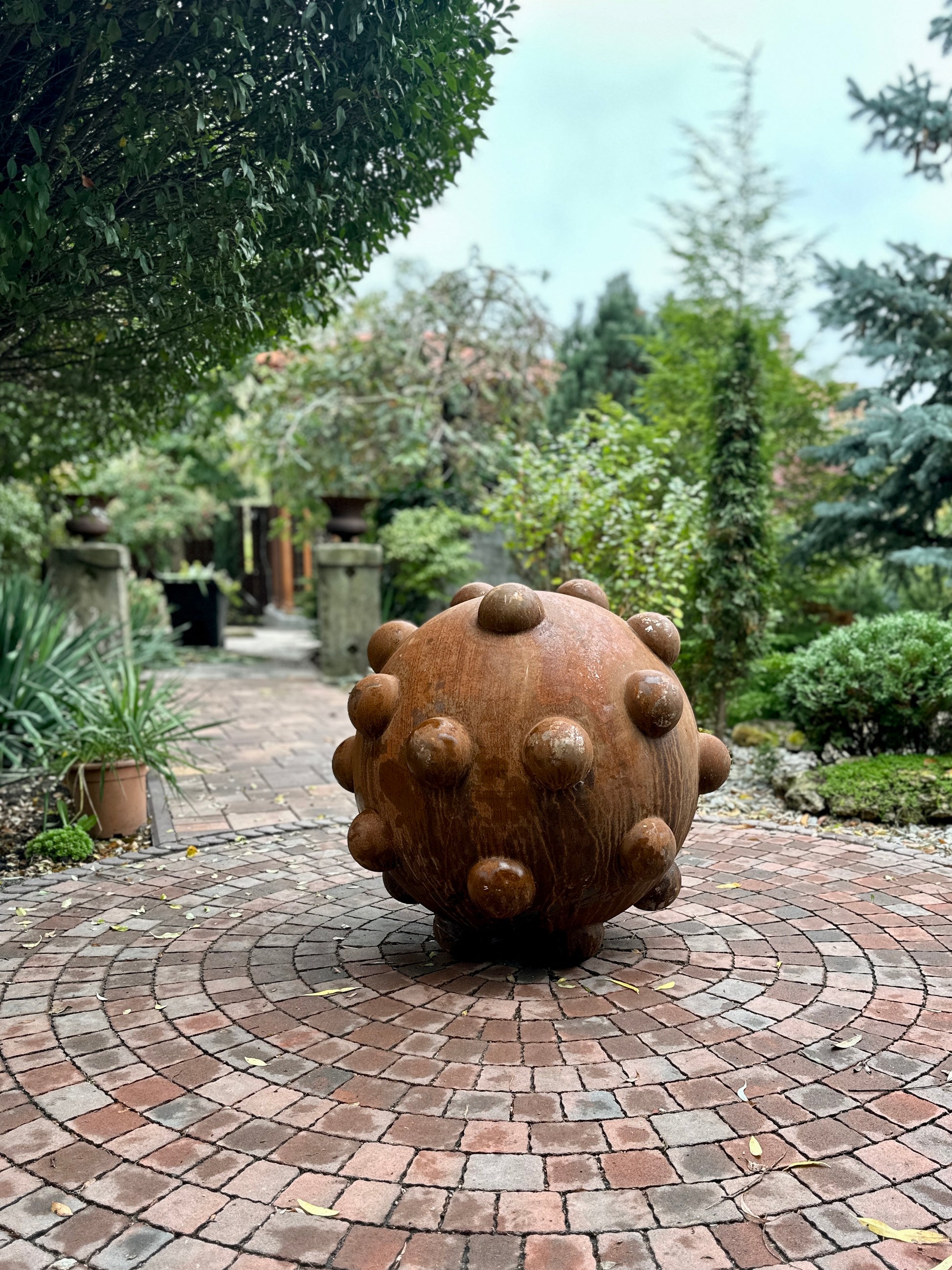 31” Rusty Metal Sphere Sculpture Large Modern Garden Decor | Weathered Steel Ball | Rustic Outdoor Yard Art | Handmade Metal Garden Ornament