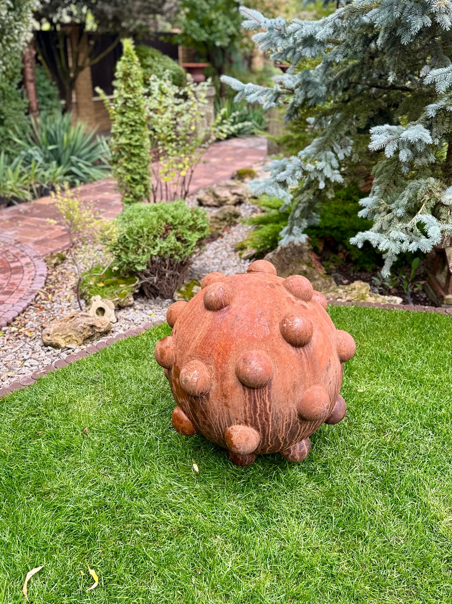 31” Rusty Metal Sphere Sculpture Large Modern Garden Decor | Weathered Steel Ball | Rustic Outdoor Yard Art | Handmade Metal Garden Ornament