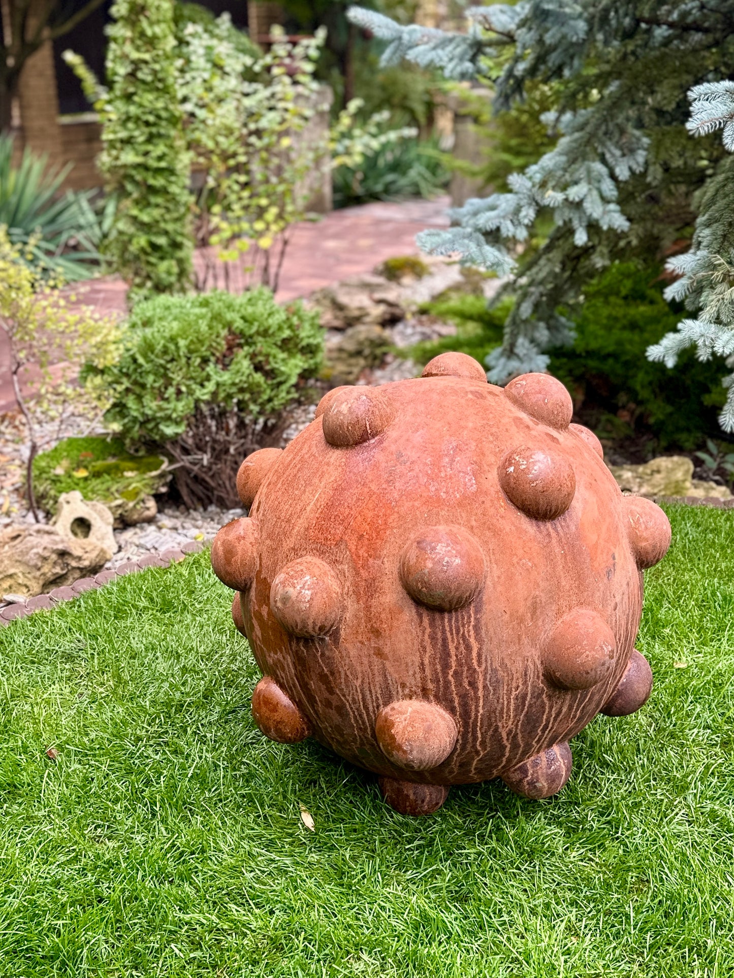 31” Rusty Metal Sphere Sculpture Large Modern Garden Decor | Weathered Steel Ball | Rustic Outdoor Yard Art | Handmade Metal Garden Ornament