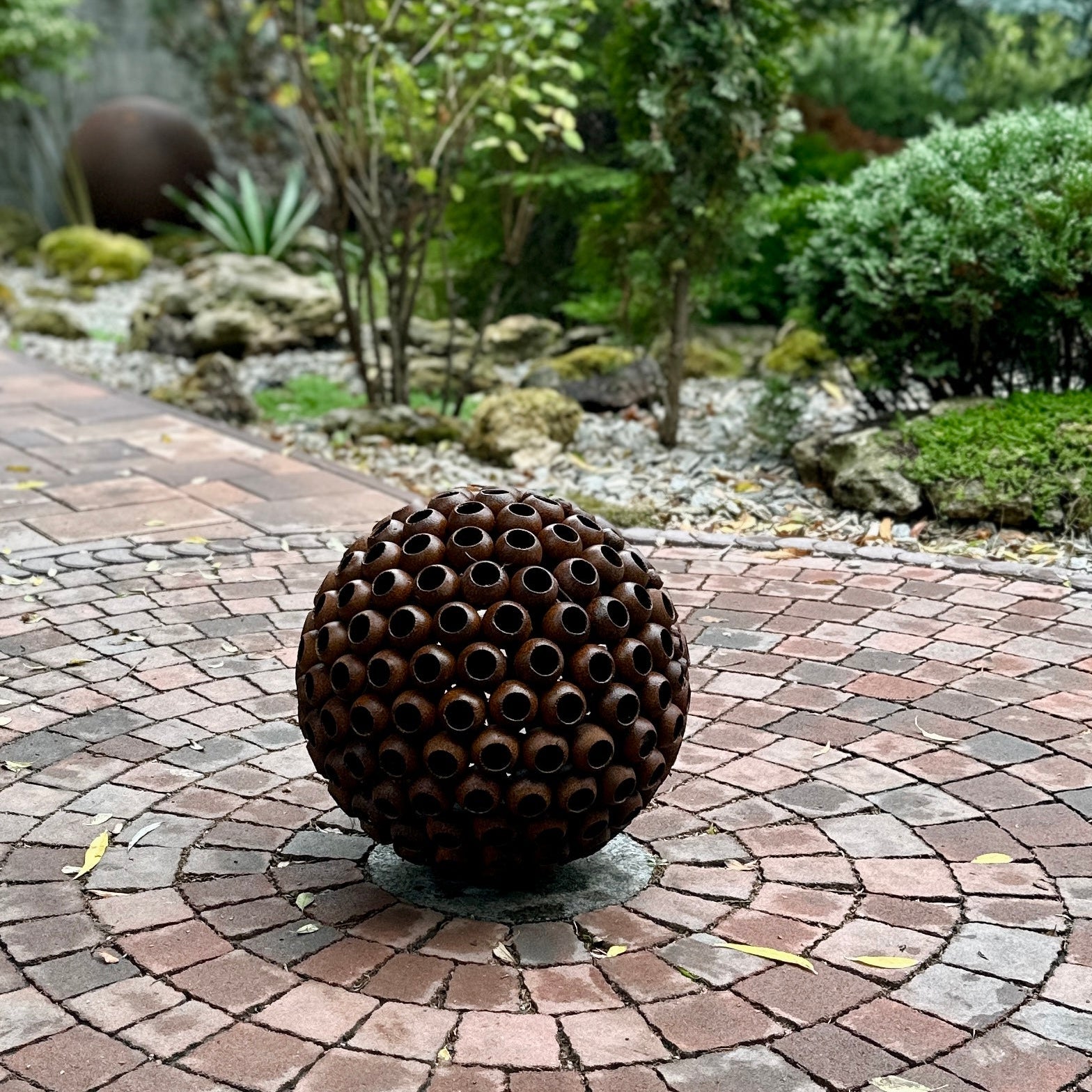 Art Rusty Metal Sphere Outdoor Garden Decor - Add a Touch of Zen Art,  Big 14”  Rusty metal ball sculpture