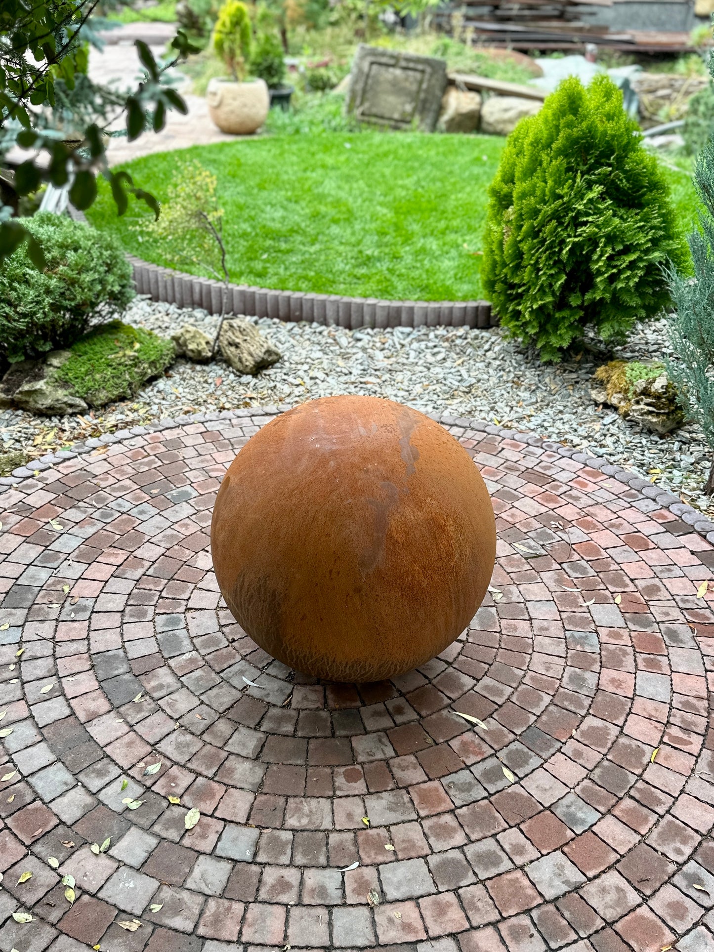 Big 27” Rusty Metal Sphere Outdoor Garden Decor - Zen Garden Globe Sculpture