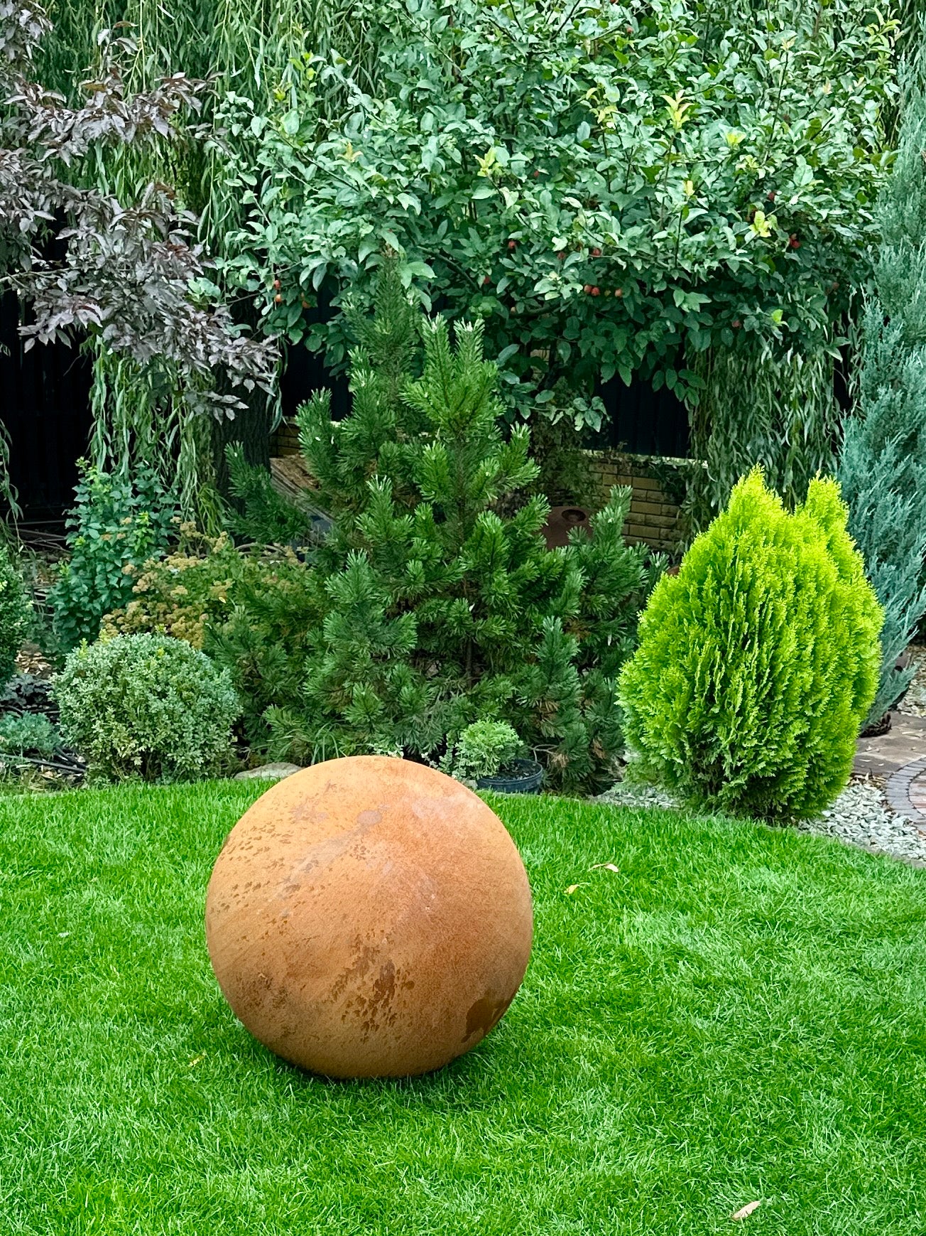Big 27” Rusty Metal Sphere Outdoor Garden Decor - Zen Garden Globe Sculpture