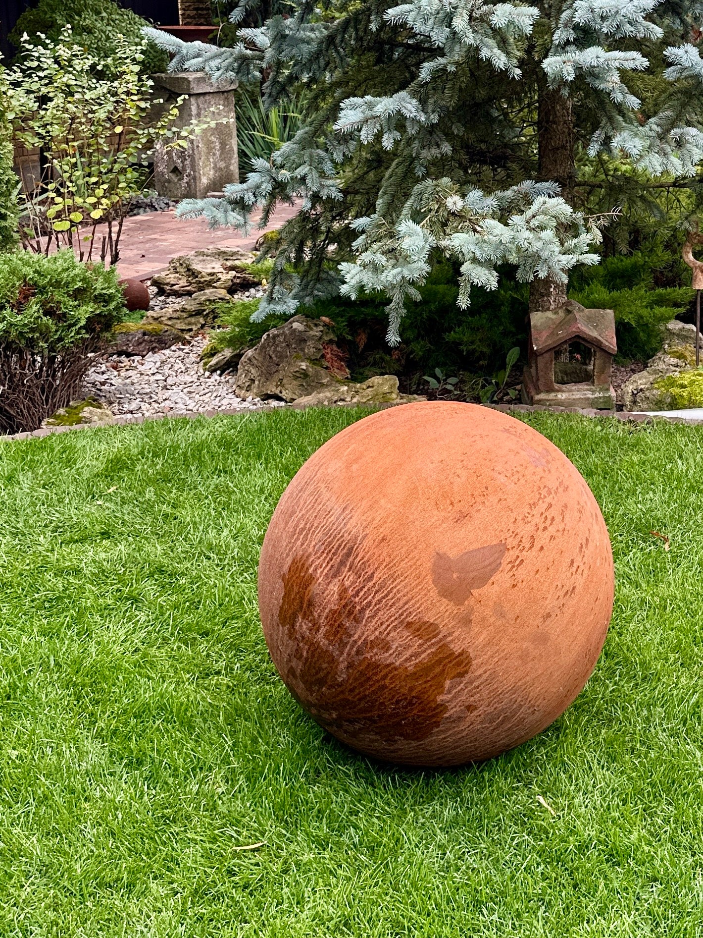 Big 27” Rusty Metal Sphere Outdoor Garden Decor - Zen Garden Globe Sculpture