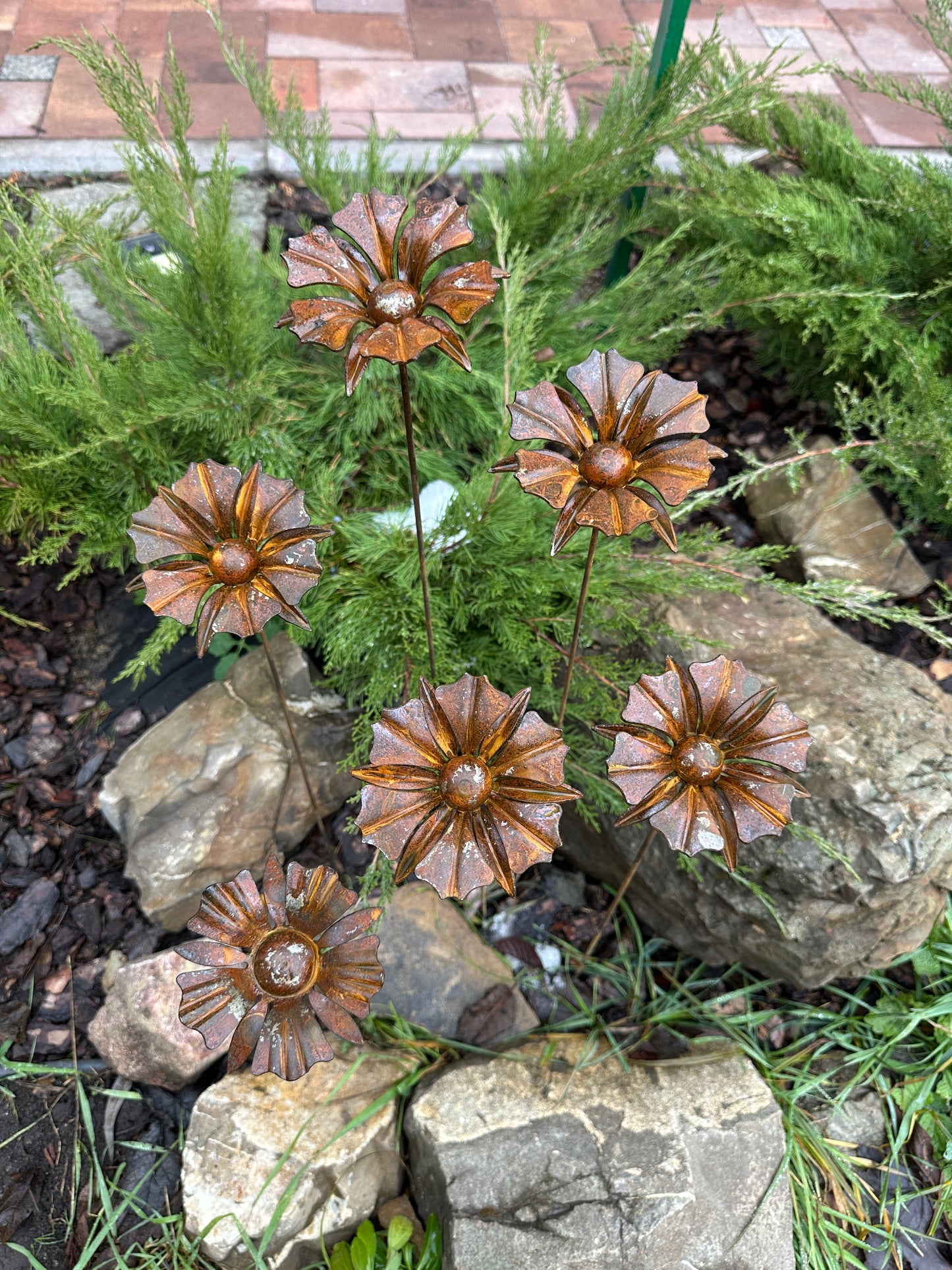 Rusty flowers set of 6, 6 Rusty flowers garden stakes, Metal garden decor, metal yard art, outdoor metal decor, Rusty metal garden decor