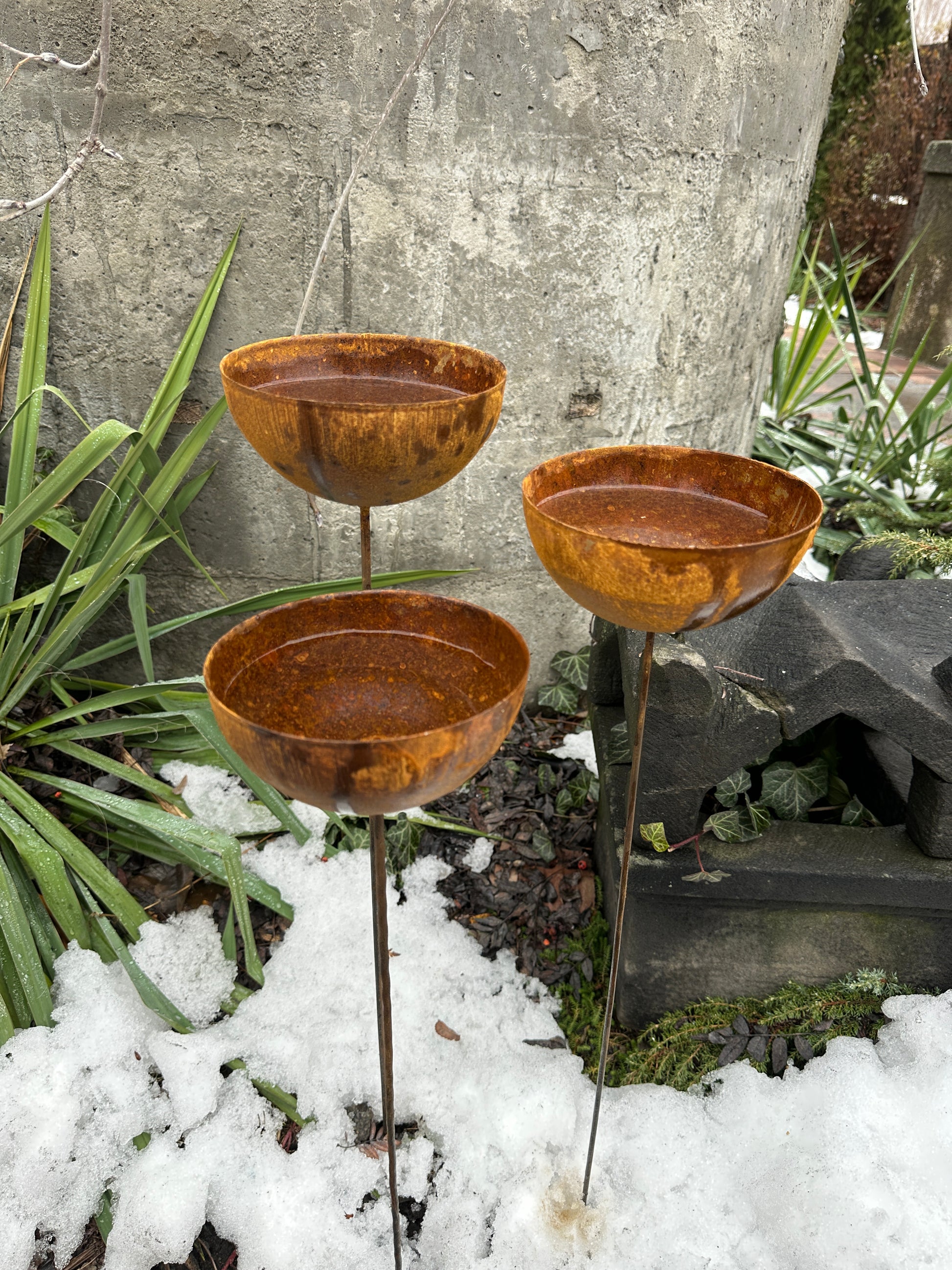 Rusty flower garden stakes, Three 6” Metal rain catchers, Bird bath outdoor garden decor