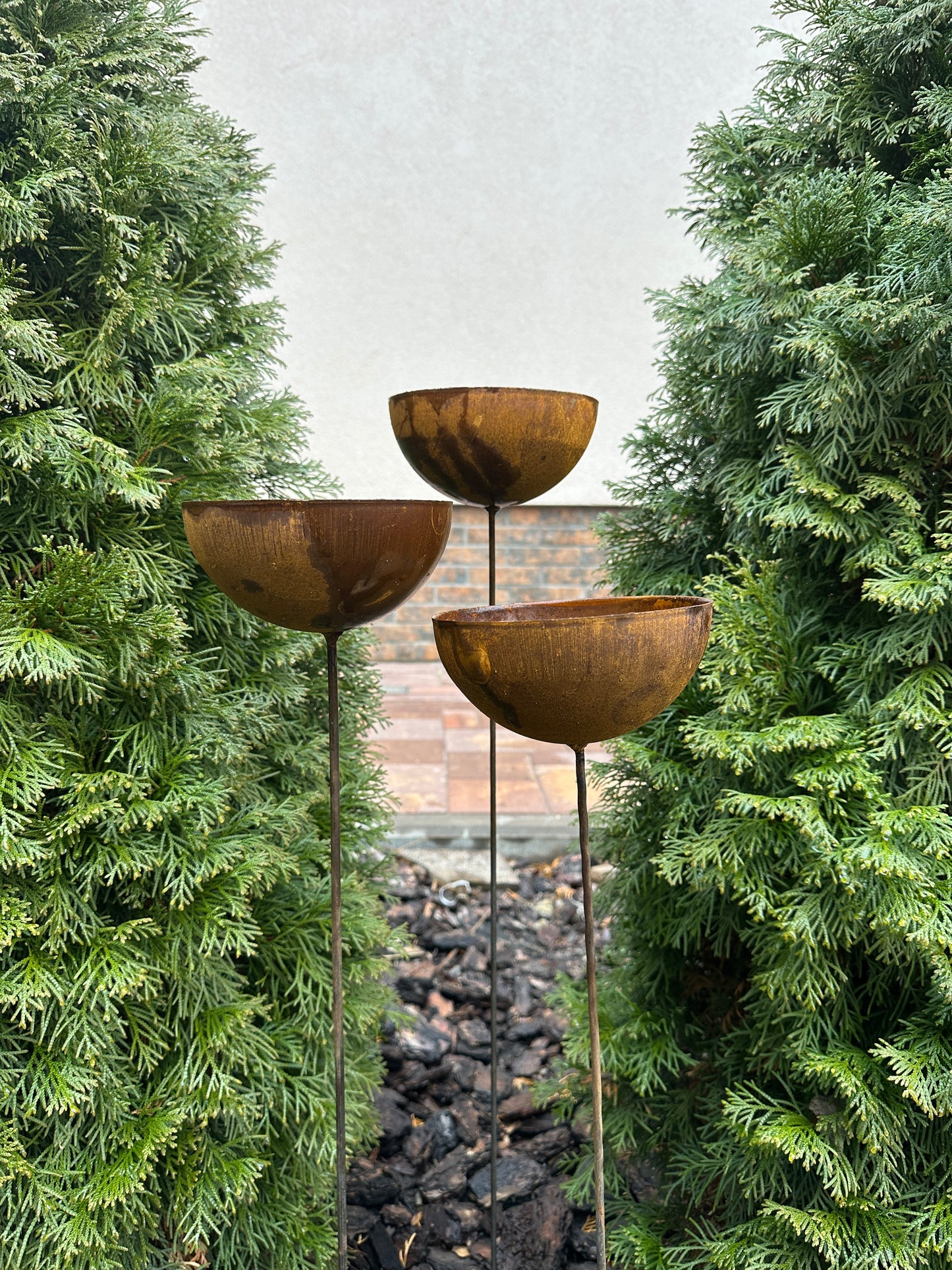 Rusty flower garden stakes, Three 6” Metal rain catchers, Bird bath outdoor garden decor