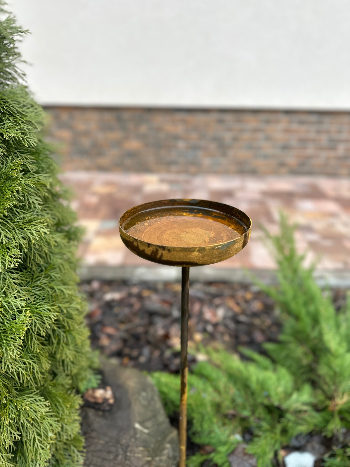 7” Rain catcher, Rusty metal flower garden stakes, Bird bath outdoor garden decor