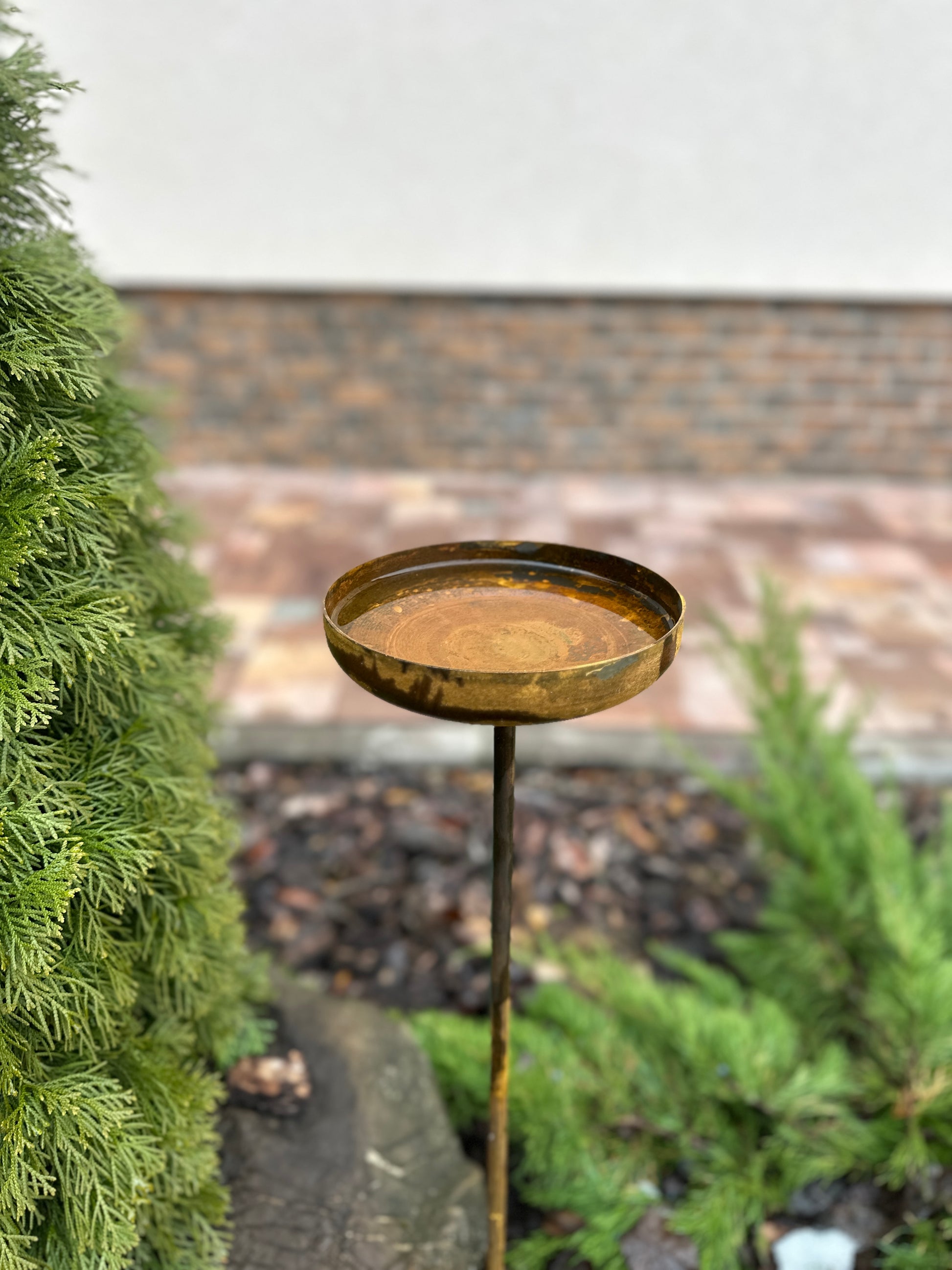 7” Rain catcher, Rusty metal flower garden stakes, Bird bath outdoor garden decor